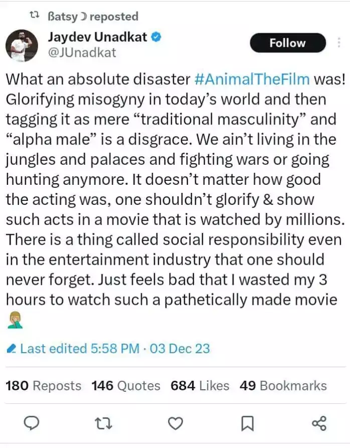 Jaydev Unadkat Calls Animal Movie "An absolute disaster" Jaydev Unadkat Calls Animal Movie "An absolute disaster"