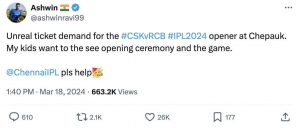 IPL 2024: Ashwin seeks tickets for kids, asks help from CSK  