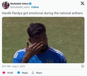 Hardik Pandya emotional during National Anthem - See Pic! Hardik Pandya emotional during National Anthem - See Pic!