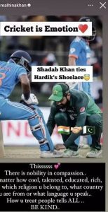 Hina Khan reacts on Shadab tying Hardik Pandya’s shoe lace  