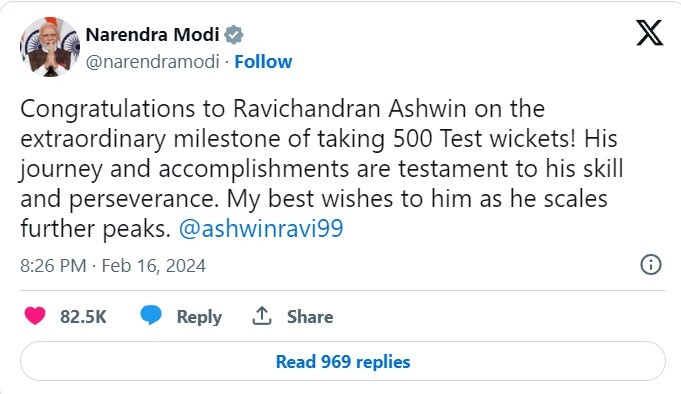 PM Modi On R Ashwin's 500 Wickets In Test Cricket PM Modi On R Ashwin's 500 Wickets In Test Cricket