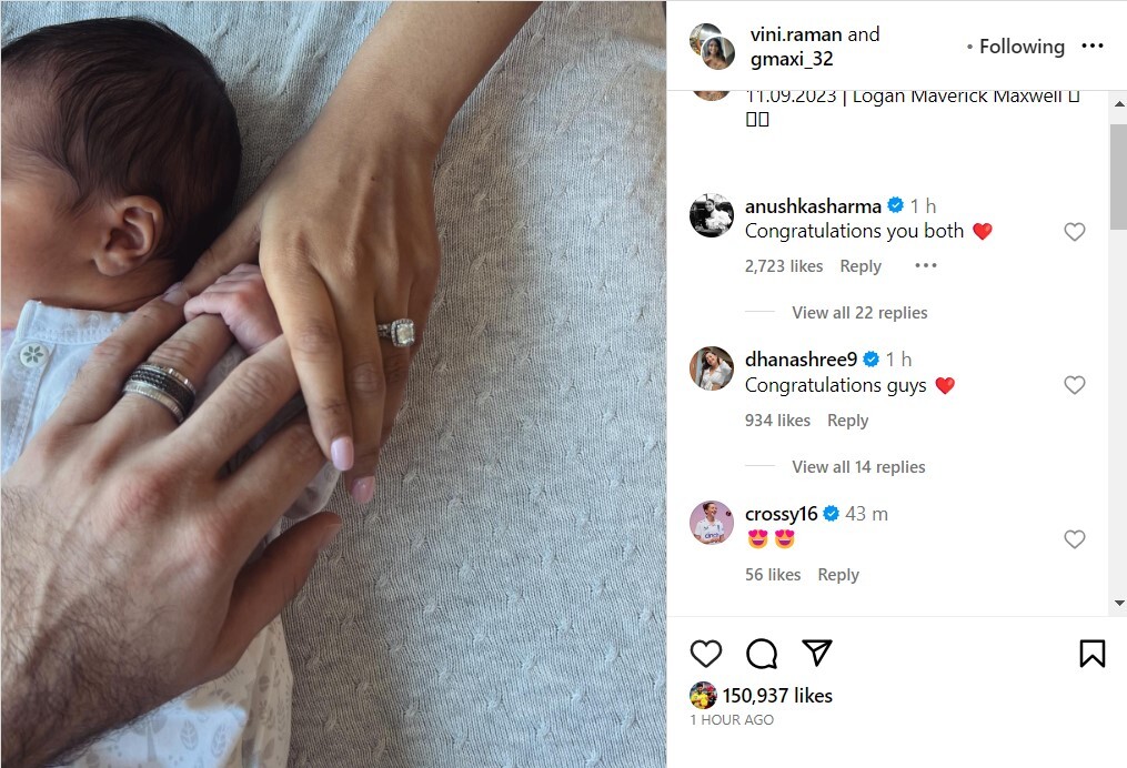 Glenn Maxwell & Wife Vini Raman Welcomes a Baby Boy Glenn Maxwell & Wife Vini Raman Welcomes a Baby Boy