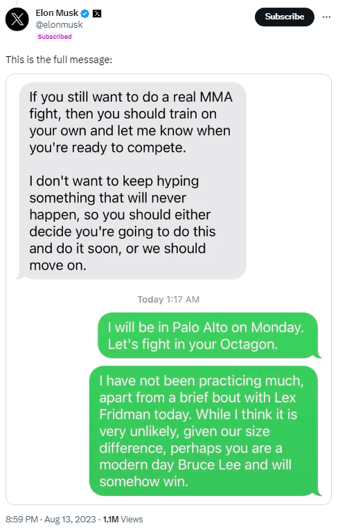 Elon musk shares screenshot of his chat with Zuck Elon musk shares screenshot of his chat with Zuck