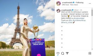 Urvashi Rautela unveils Cricket World Cup 2023 Trophy Urvashi Rautela unveils Cricket World Cup 2023 Trophy