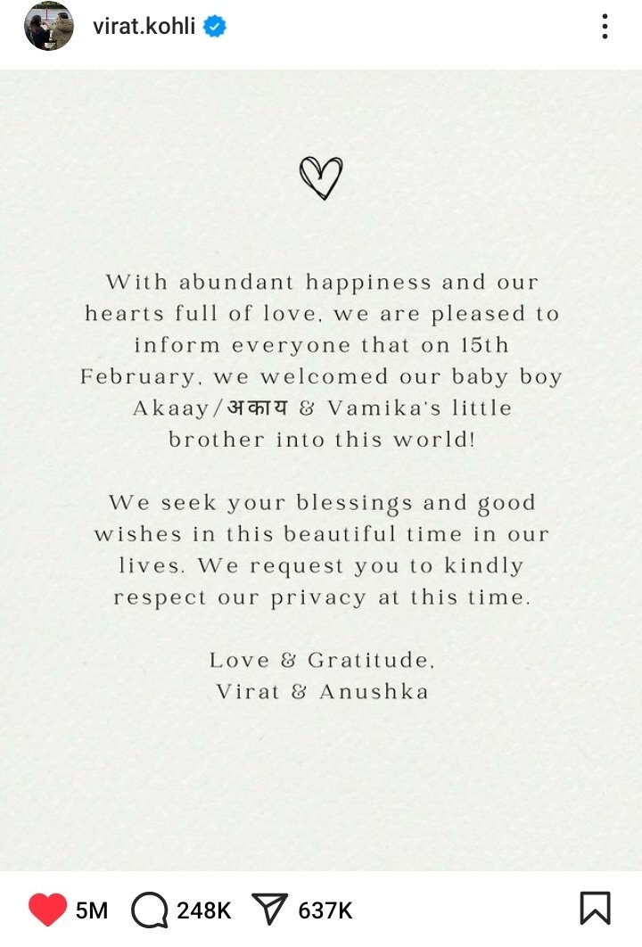 Kohli & Anushka welcomes their second child  