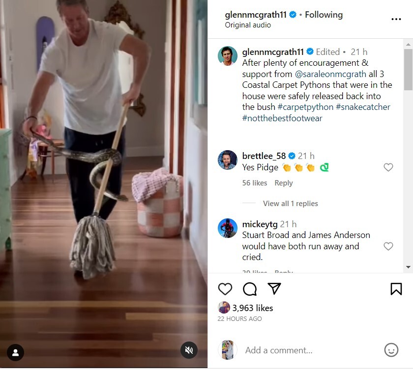 Glenn McGrath captures 3 Pythons, Fans Dub 'Snake Catcher' Glenn McGrath captures 3 Pythons, Fans Dub 'Snake Catcher'