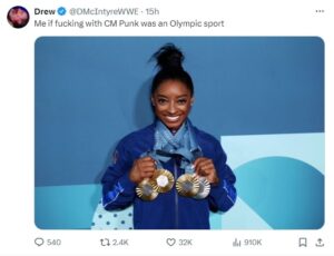 Drew McIntyre takes shots at CM Punk with Simone Biles meme Drew McIntyre takes shots at CM Punk with Simone Biles meme