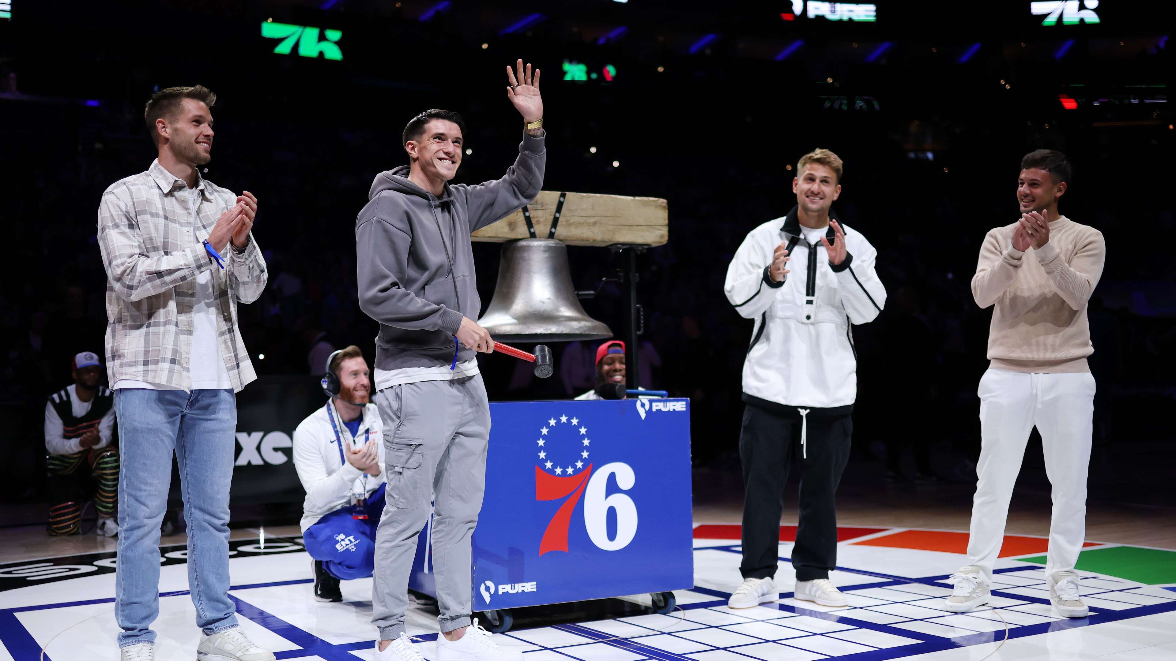 Union stars ring ceremonial bell before 76ers-Bucks game  