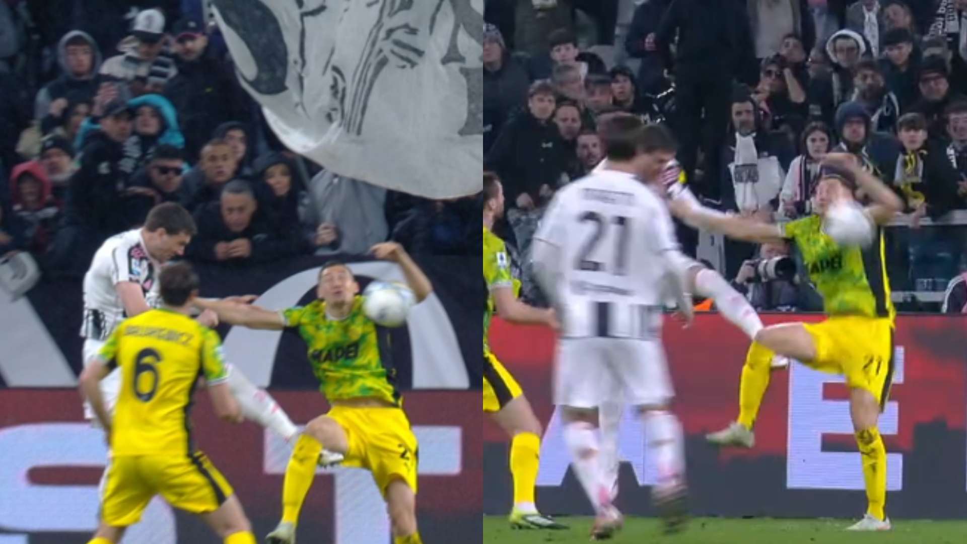 Open VAR on Juve v Sassuolo: "Arm raised, there's nothing before that." Tonolini: "The difficulty lay in determining whether there was actual contact. A clear penalty."  