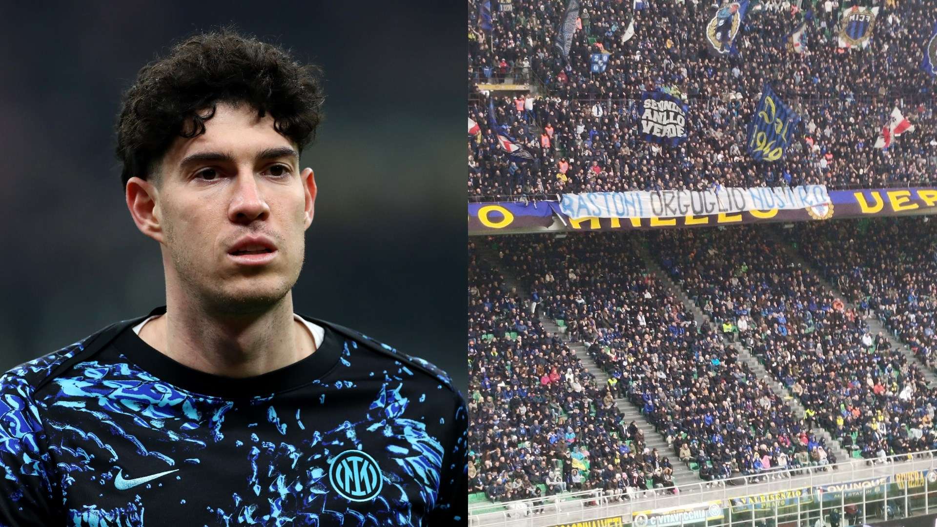 Inter, a banner for Bastoni: "Our pride"  